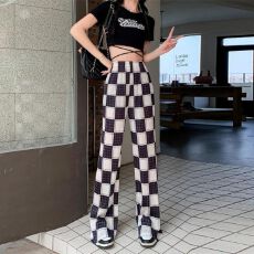 批发大码女装黑白格子百褶阔腿裤夏季新款薄款宽松<b class='q'>百搭</b>垂感防晒拖地裤