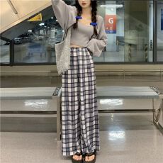 批发大码冰丝裤胖MM直筒阔腿裤女夏季黑白格子宽松显瘦<b class='q'>百搭</b>休闲裤女
