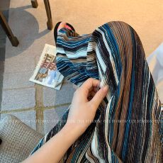 批发三宅风褶皱休闲裤女夏季新款时尚宽松大码波西米亚条纹<b class='q'>百搭</b>阔腿裤