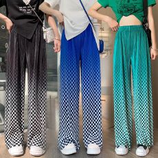 批发<b class='q'>大码</b>渐变棋盘格压褶阔腿裤女夏季<b class='q'>韩版</b>薄款休闲宽松拖地裤长裤子