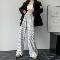 批发大码字母百褶休闲裤女夏季新款阔腿<b class='q'>百搭</b>宽松高腰直筒垂感拖地长裤