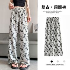 批发新中式冰丝阔腿裤水墨蝴蝶夏季国风裤女薄款休闲垂感直筒拖地裤子