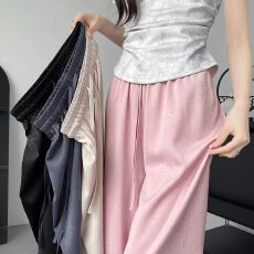 批发新中式醋酸缎面阔腿裤女2026新款夏季冰丝窄版直筒国风抖抖凉凉裤