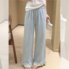 批发木耳边蕾丝阔腿裤女夏季新款小个子高腰宽松休闲裤显瘦百搭九分裤