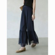 批发藏青色轻薄设计感阔腿裤女2026夏季新款通勤时尚日常不撞款九分裤