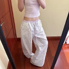 批发涂鸦印花 小众轻松撞色腰头可束脚印花阔腿休闲长<b class='q'>裤</b>