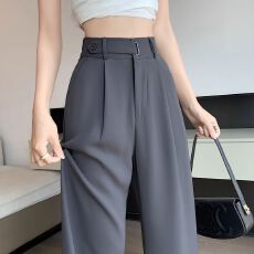 批发高级感窄版西装裤女夏季宽松小个子休闲长裤高腰显瘦拖地阔腿裤