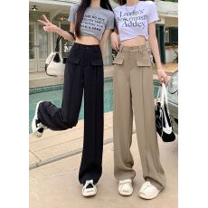 批发黑色西装阔腿裤女高腰垂感夏季薄款宽松显瘦休闲拖地直筒长裤子
