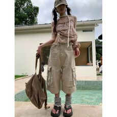 批发美式复古设计感多口袋七分裤女夏季街头宽松百搭阔腿<b class='q'>短裤</b><b class='q'>男</b>