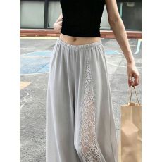 批发灰色蕾丝拼接薄款<b class='q'>阔腿裤</b>女2026夏季流行新款时髦洋气松紧腰休闲<b class='q'>裤</b>