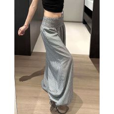韩系格纹灯笼裤女夏季薄款直筒休闲运动裤高腰宽松束脚阔腿花苞裤