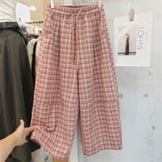批发大码休闲夏季时尚减龄<b class='q'>格子</b><b class='q'>裤</b>女设计感显瘦弯刀<b class='q'>裤</b>慵懒风松紧腰<b class='q'>裤</b>子