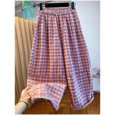 批发胖MM大码格子松紧腰休闲<b class='q'>裤</b>女夏季新款时尚显瘦<b class='q'>百搭</b>宽松弯刀阔腿<b class='q'>裤</b>