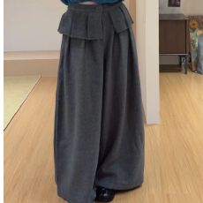 批发大码胖mm灰色屁帘拼接加厚毛呢裤女秋冬季新款设计感显瘦阔腿长裤