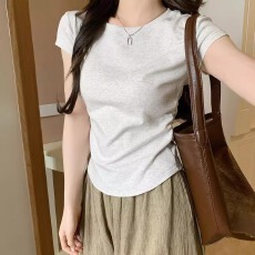 40支210克螺纹92棉8氨纶后包领圆领褶皱短袖T恤女简约百搭时尚潮