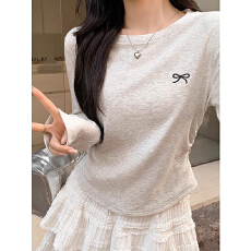 40支210克螺纹92棉8氨纶后包领刺绣蝴蝶结2026纯棉正肩长袖T恤女