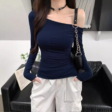 批发180克双磨202新款纯欲辣妹修身显瘦露肩长袖T恤女百搭打底衫上衣