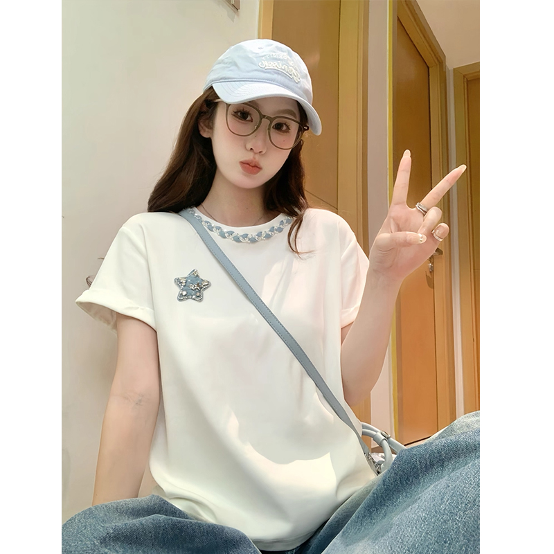 FA34643# 纯棉时尚重工镶钻圆领短袖T恤女夏季宽松休闲减龄上衣 服裝批發女裝批發服飾貨源