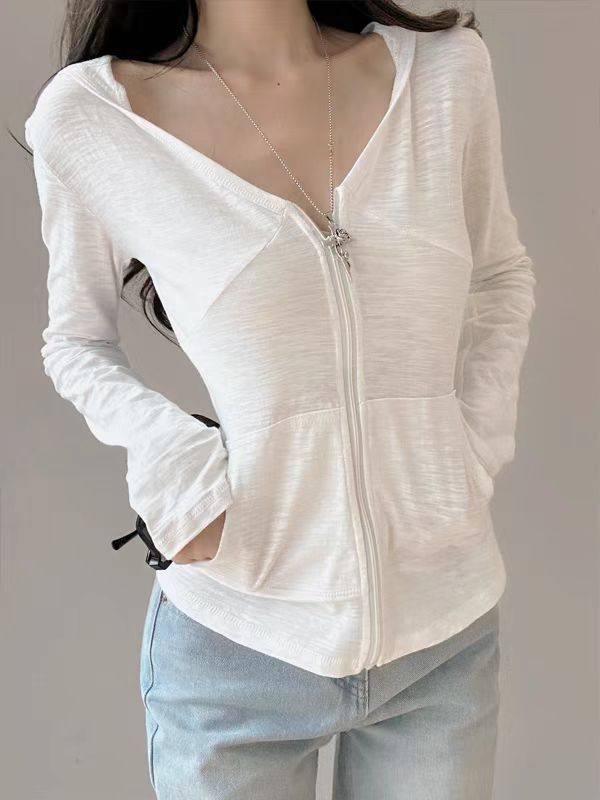 FA34645# 夏季连帽拉链款白色防晒长袖百搭上衣 服裝批發女裝批發服飾貨源