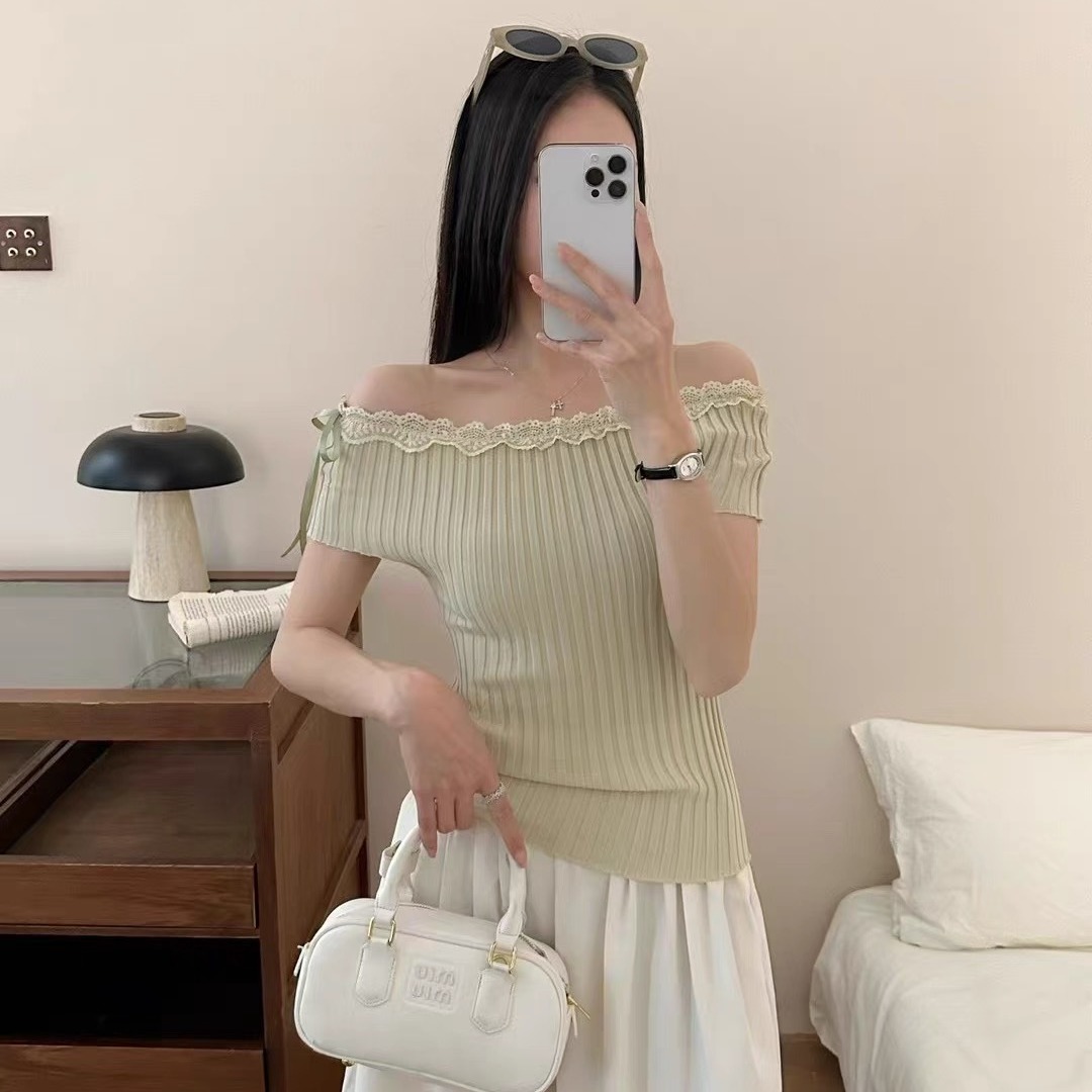 FA34644# 法式辣妹蝴蝶结小众原创显瘦设计内搭针织短袖T恤百搭露肩上衣 服裝批發女裝批發服飾貨源