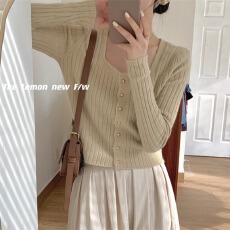 批发早秋新款坑<b class='q'>条纹</b>针织开衫女修身显瘦打底短款毛衣裙子吊带外搭上衣