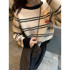 批发法式刺绣爱心小熊短款条纹毛衣女秋冬冬季内搭圆领羊毛打底针织衫