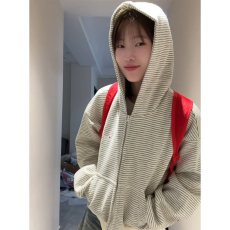 美式复古韩系连帽卫衣条纹外套女秋季慵懒风宽松条纹撞色百搭上衣