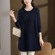 批发烫钻上衣女2025秋冬中长款<b class='q'>大码</b>遮肚子打底衫显瘦时髦洋气内搭毛衣