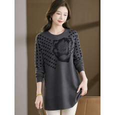 批发2025秋冬高档妈妈提花烫钻内搭中长款毛衣宽松加肥加<b class='q'>大码</b>遮肚打底