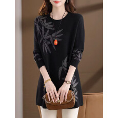 批发圆领中长款2025秋冬新款中年<b class='q'>胖</b>妈妈提花韩版遮肚子针织厚内搭打底