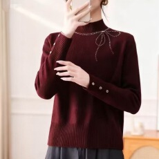 批发2025新款<b class='q'>妈妈</b><b class='q'>装</b>秋季<b class='q'>长袖</b>女上衣纯色蝴蝶结烫钻半高领简约打底衫女