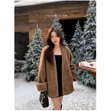 批发帕斯条 环保水貂毛毛外套中长款挽袖设计感大衣25<b class='q'>秋</b>冬新款皮草女