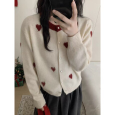 批发2025秋冬季新款撞色圆领爱心<b class='q'>甜美</b>提花针织开衫宽松显瘦女上衣外套