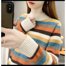 批发2025新款洋气彩虹条纹针织加厚毛衣女秋冬半高领打底衫宽松上衣