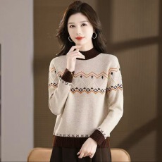 批发妈妈装设计感拼色半高领毛衣女2025秋冬款加厚宽松显瘦针织<b class='q'>打底衫</b>