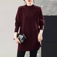 批发中年妈妈秋冬半高领毛衣裙女中长款<b class='q'>加肥</b><b class='q'>加大</b>码宽松遮肚羊毛打底衫