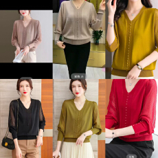 批发中年妈妈春秋装冰丝针织衫女加肥大码女装薄款v领<b class='q'>长袖</b><b class='q'>t</b><b class='q'>恤</b>纱袖小衫