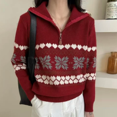 批发费尔岛提花毛衣女2025新款秋冬半开高领羊毛衫休闲<b class='q'>宽松</b>针织衫上衣