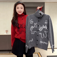 批发大码圣诞红色小马刺绣高领<b class='q'>针织</b>衫秋冬新款毛衣<b class='q'>外套</b>内搭打底衫上衣