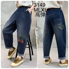 批发民族风<b class='q'>牛仔裤</b>女式秋季新款<b class='q'>松紧</b>腰宽松洋气贴布九分哈伦裤时尚