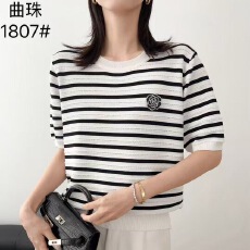 批发曲珠韩系<b class='q'>山茶花</b>短袖正肩<b class='q'>t</b><b class='q'>恤</b>女装2026新款条纹针织衫 圆领上衣女