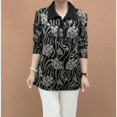 批发复古牡丹花色中年妈妈装<b class='q'>长袖</b>T恤衫C2026新款洋气翻领宽松女装上衣