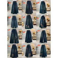 批发2026年春款牛仔裤女<b class='q'>裙裤</b>阔腿刺绣花卉民族风牛仔长裤宽松休闲裤子