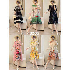 批发三宅艺创爆款夏季新款设计感圆领<b class='q'>七分袖</b>图案印花褶皱<b class='q'>连衣裙</b>女