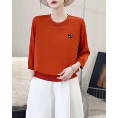 批发烫钻蝴蝶结圆领七分袖针织衫宽松显瘦毛衣女时尚减龄<b class='q'>中老年女装</b>