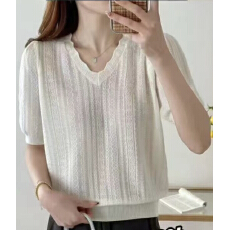 批发镂空钩花纯棉线针织短袖T恤衫女V领套头宽松短款上衣洋气打底体恤