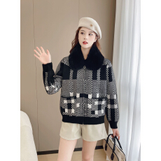 批发跨境秋冬新款仿貂绒格子毛领<b class='q'>短款</b>上衣宽松洋气针织开衫小香风外套