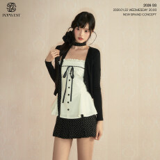 批发POPWEST丨韩女三件套针织开衫外套花边蝴蝶结吊带上衣波点短裙套