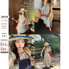 批发im向3.26尼斯花市’复古碎花圆领泡泡袖收腰连衣裙 长/短款