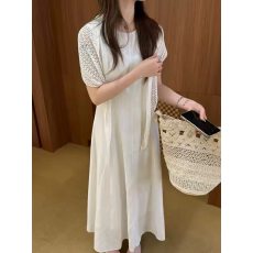 批发18199白色天丝亚麻料针织披肩无袖背心连衣<b class='q'>裙</b>女夏收腰吊带中长<b class='q'>裙</b>